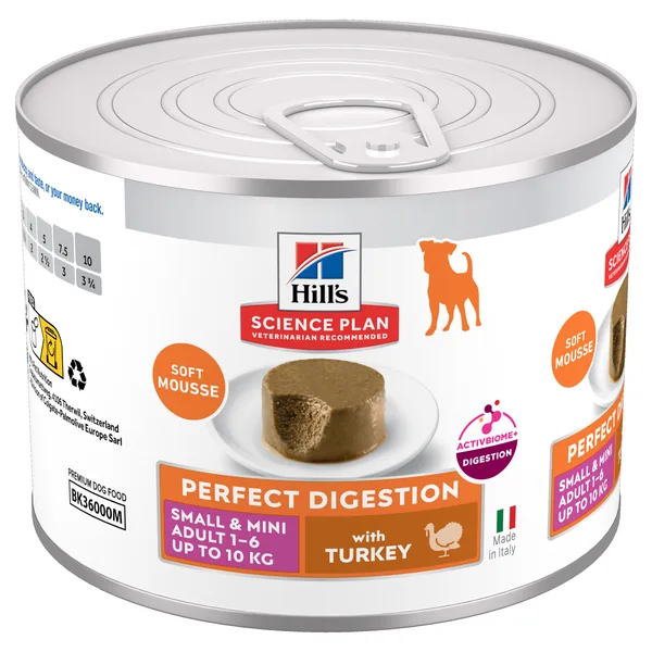 Hill's Science Plan Canine Adulto Mousse Small & Mini Perfect Digestion Pavo Lata Humeda Perros 12 x 200 g