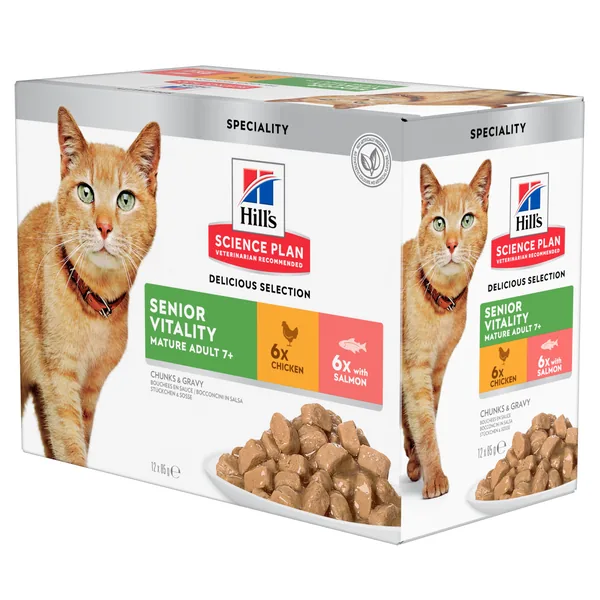 Hill's Science Plan Feline Senior Vitality Pollo y Salmón Multipack bolsitas sobres para gato 12 x 85 g