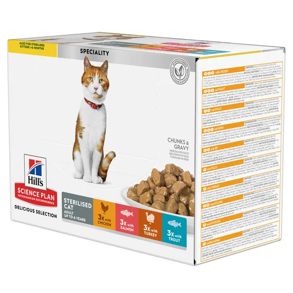 Hill's Science Plan Feline Sterilised Pollo, Salmón, Pavo y Trucha Multipack bolsitas sobres para gato 12 x 85 g