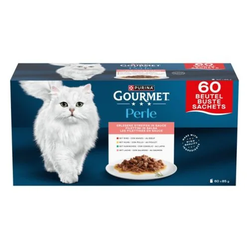 Purina Gourmet Perle Finas láminas en Salsa con Conejo, Buey, Pollo y Salmón 85 g