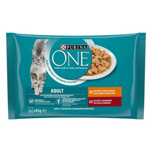 Purina One Adult Mini filetes en Salsa con Buey y Zanahorias, sobre 85 g