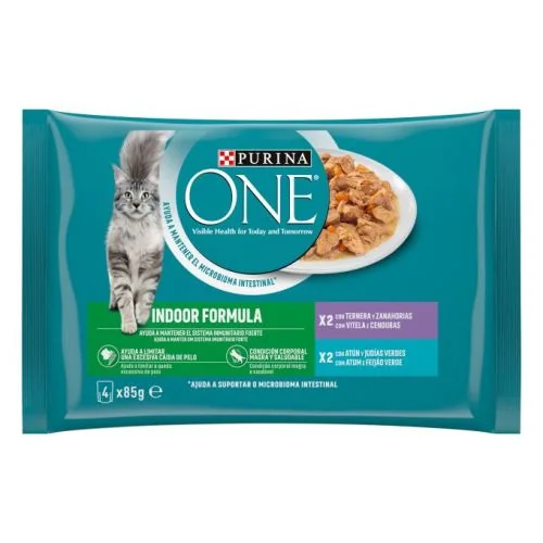Purina One Indoor Formula Finas Láminas en salsa con Atún y Judías Verdes, 4 x sobre 85 g