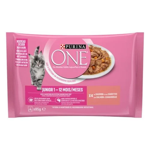 Purina One Junior Mini Filetes en Salsa con Salmón y Zanahorias, sobre 85 g