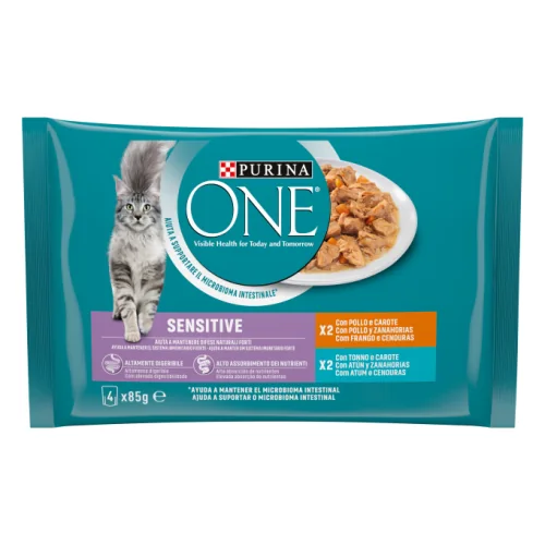 Purina One Sensitive Finas láminas en Salsa, Comida húmeda para gatos con Atún y Zanahorias, sobre 85 g