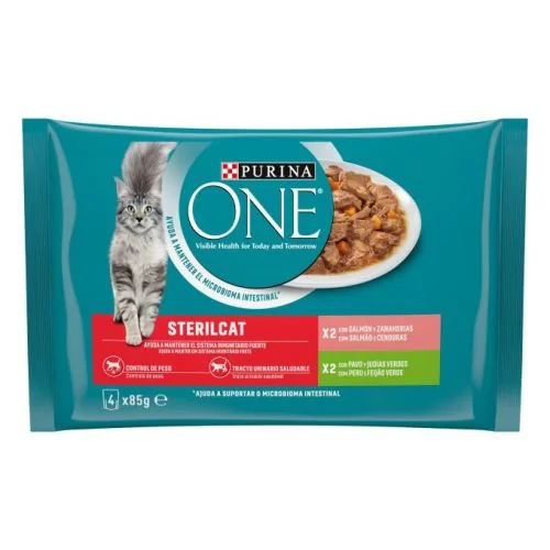 Purina One Sterilcat Finas láminas en Salsa, Comida húmeda para gatos con Salmón y Zanahorias, sobre 85 g