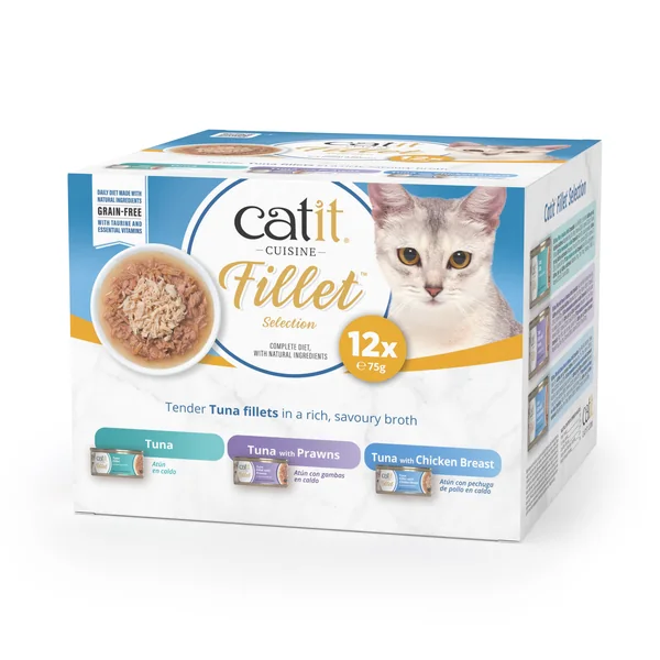Atún desmenuzado para gatos Catit Cuisine Fillet - Pack variado de 12
